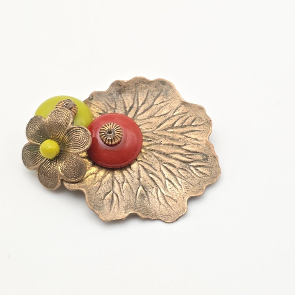 Vtg MIRIAM HASKELL by Frank Hess Dress Clip Lily Pad Red Chartreuse Glass Beads